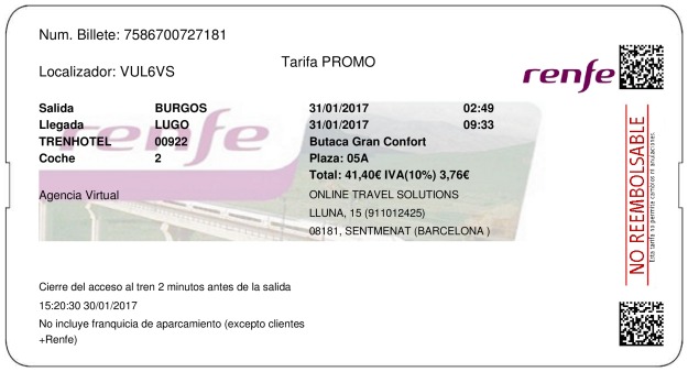Billete Tren Burgos  Lugo 31/01/2017