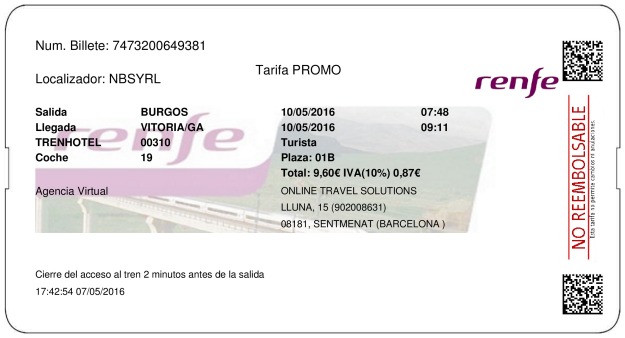 Billete Tren Burgos  Vitoria Gasteiz 10/05/2016