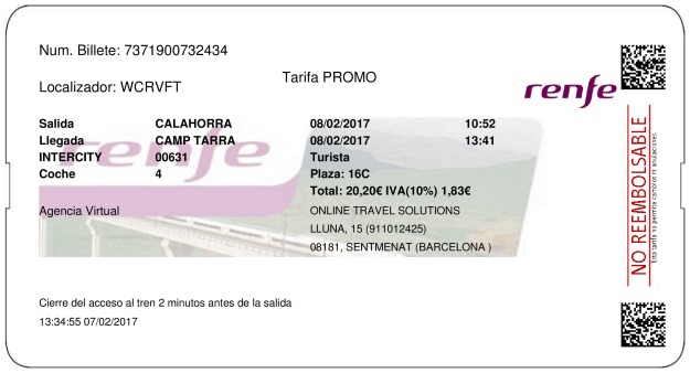 Billete Tren Calahorra  Tarragona 08/02/2017