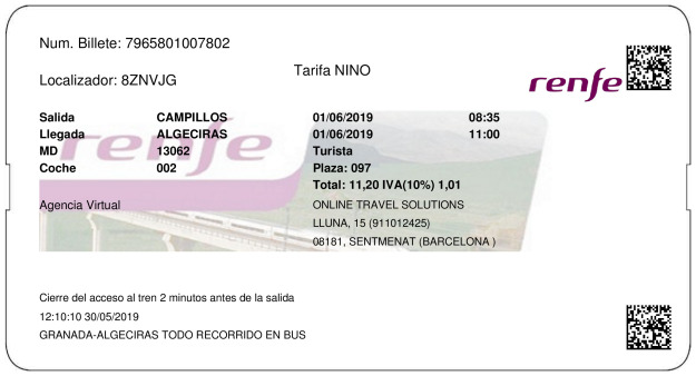 Billete Tren Campillos  Algeciras 01/06/2019