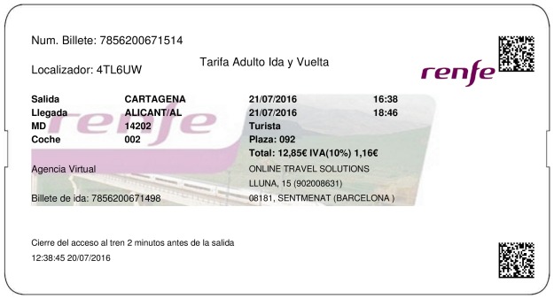 Billete Tren Cartagena  Alicante 21/07/2016