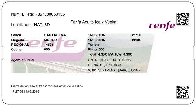 Billete Tren Cartagena  Murcia 16/06/2016