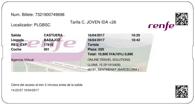 Billete Tren Castuera  Badajoz 16/04/2017