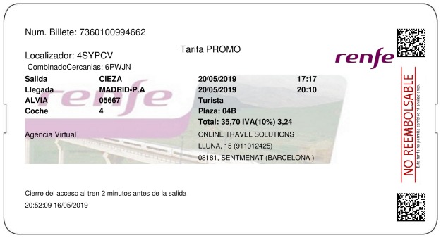 Billete Tren Cieza  Madrid 20/05/2019