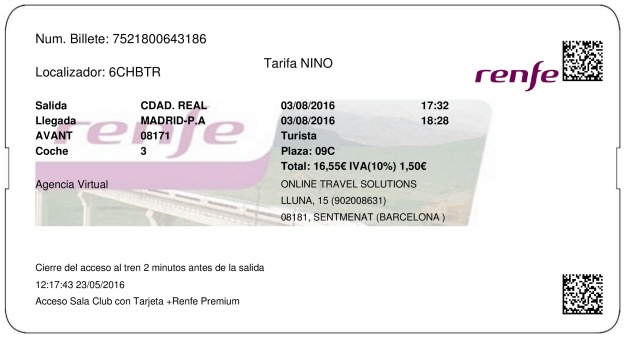 Billete Tren Ciudad Real  Madrid 03/08/2016