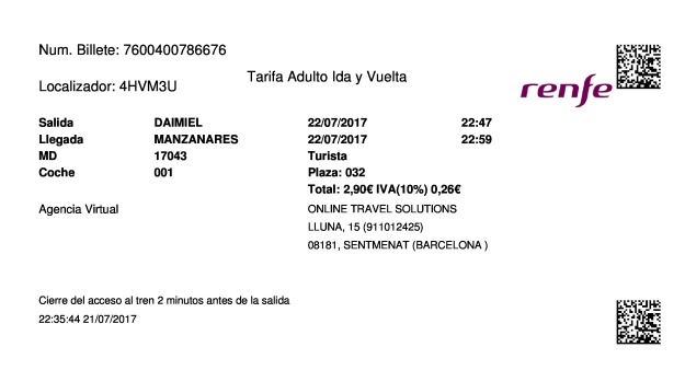 Billete Tren Daimiel  Manzanares 22/07/2017