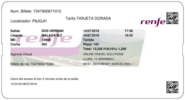 Billete Tren Dos Hermanas  Málaga 14/07/2016