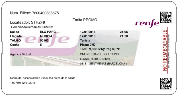 Billete Tren Elche  Murcia 12/01/2018