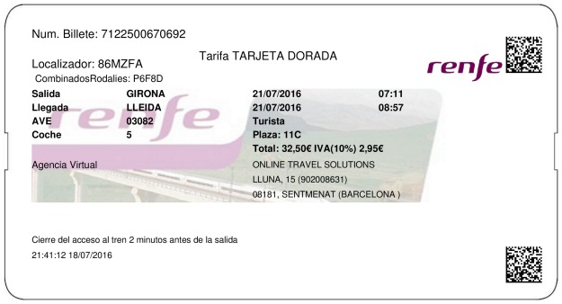 Billete Tren Girona  Lleida 21/07/2016