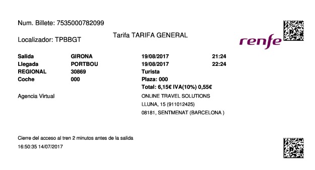 Billete Tren Girona  Portbou 19/08/2017