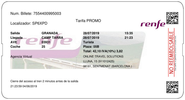 Billete Tren Granada  Tarragona 28/07/2019