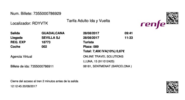 Billete Tren Guadalcanal  Sevilla 28/08/2017