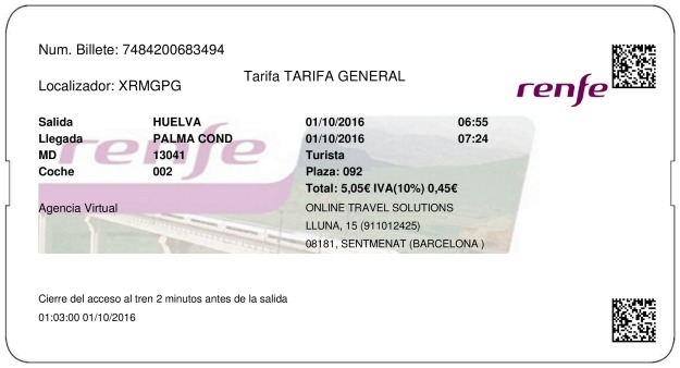 Billete Tren Huelva  La Palma Del Condado 01/10/2016