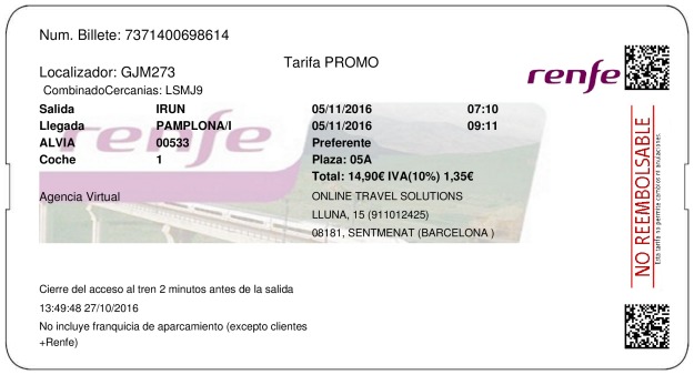 Billete Tren Irún  Pamplona 05/11/2016