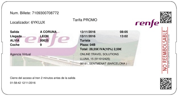 Billete Tren La Coruña  León 13/11/2016