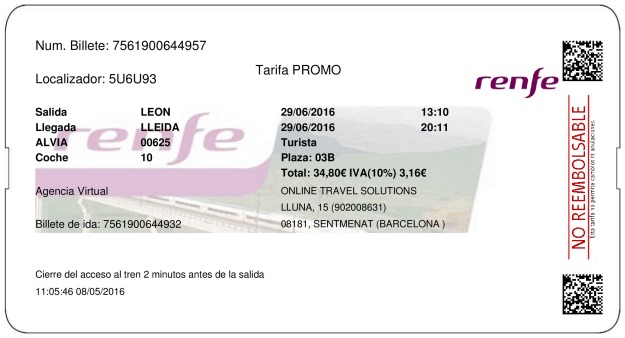 Billete Tren León  Lleida 29/06/2016