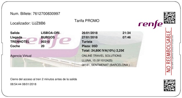 Billete Tren Lisboa  Burgos 26/01/2018