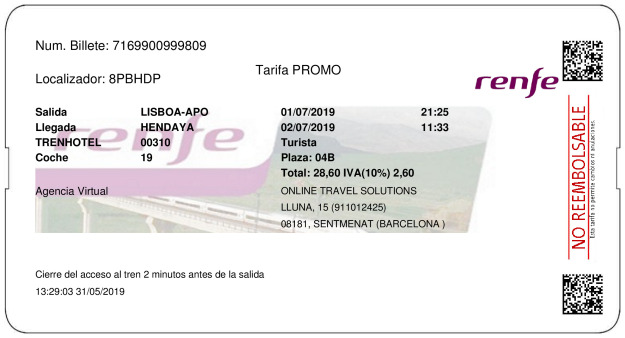 Billete Tren Lisboa  Hendaye 01/07/2019