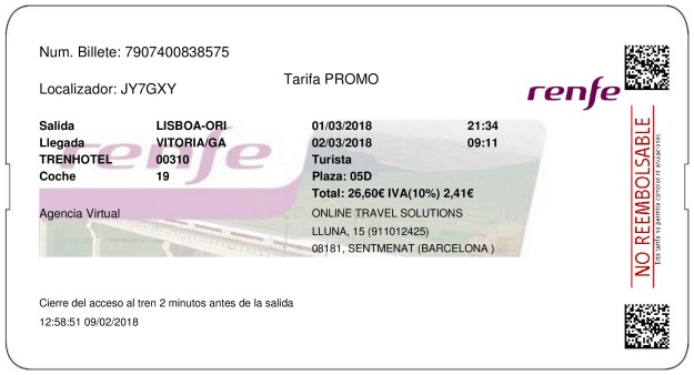 Billete Tren Lisboa  Vitoria Gasteiz 01/03/2018