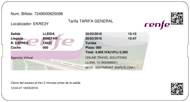 Billete Tren Lleida  Binefar 20/03/2016