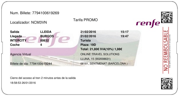 Billete Tren Lleida  Burgos 21/02/2016