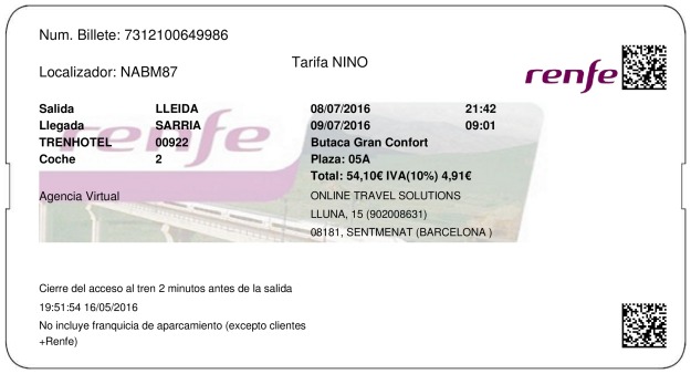 Billete Tren Lleida  Sarria 08/07/2016