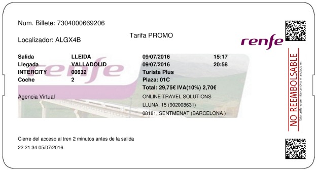 Billete Tren Lleida  Valladolid 09/07/2016