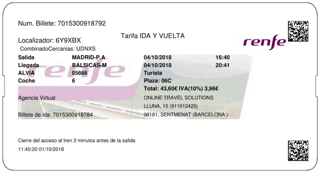 Billete Tren Madrid  Balsicas 04/10/2018