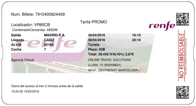 Billete Tren Madrid  Cádiz 30/04/2016