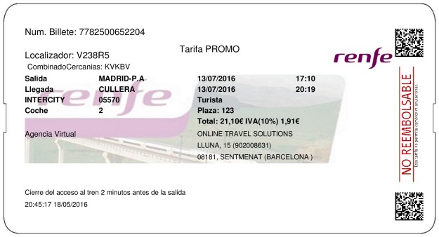 Billete Tren Madrid  Cullera 13/07/2016