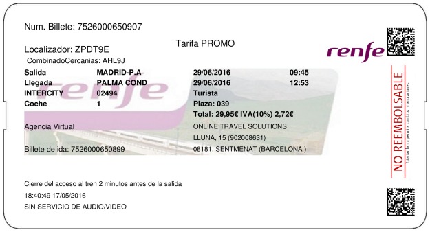 Billete Tren Madrid  La Palma Del Condado 29/06/2016