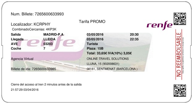 Billete Tren Madrid  Lleida 03/05/2016