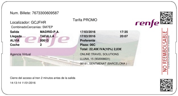 Billete Tren Madrid  Tafalla 17/03/2016