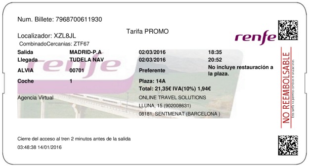 Billete Tren Madrid  Tudela De Navarra 02/03/2016