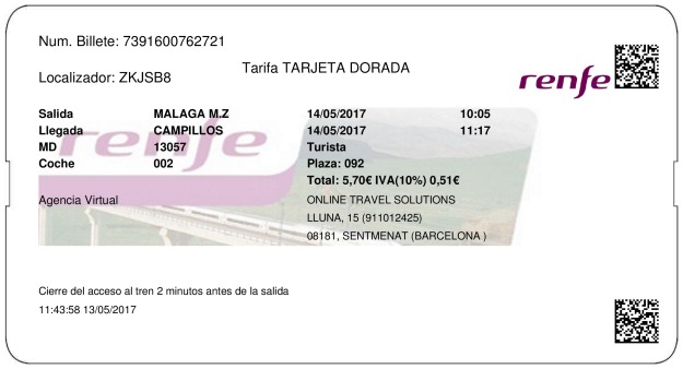 Billete Tren Málaga  Campillos 14/05/2017