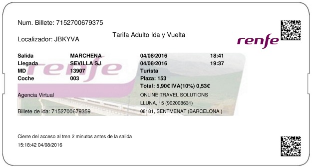 Billete Tren Marchena  Sevilla 04/08/2016