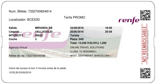 Billete Tren Miranda De Ebro  Valladolid 25/06/2016