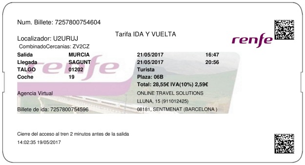 Billete Tren Murcia  Sagunto 21/05/2017