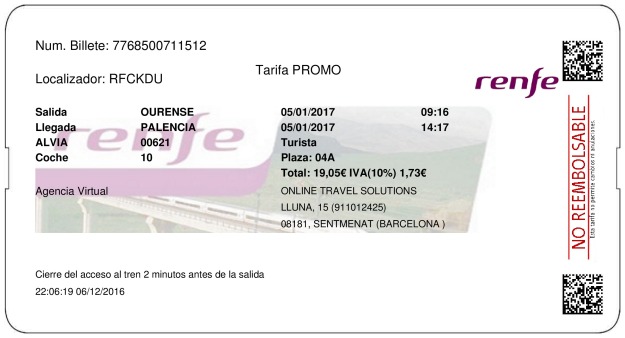 Billete Tren Ourense  Palencia 05/01/2017