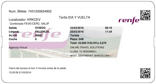 Billete Tren Oviedo  Palencia 23/03/2016