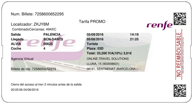 Billete Tren Palencia  Barcelona 05/08/2016