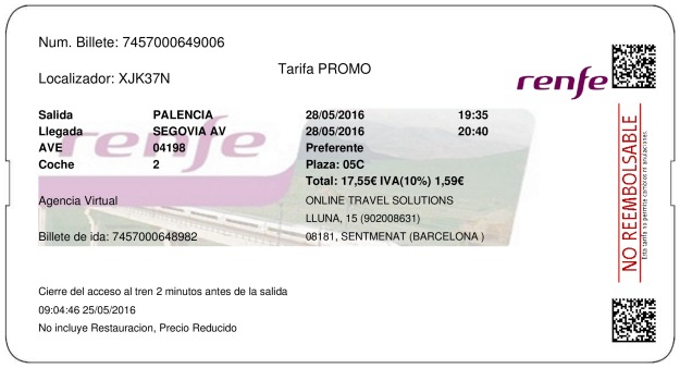 Billete Tren Palencia  Segovia 28/05/2016