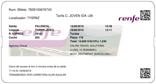 Billete Tren Palencia  Torrelavega 19/08/2016