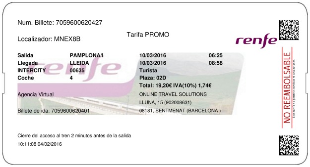 Billete Tren Pamplona  Lleida 10/03/2016