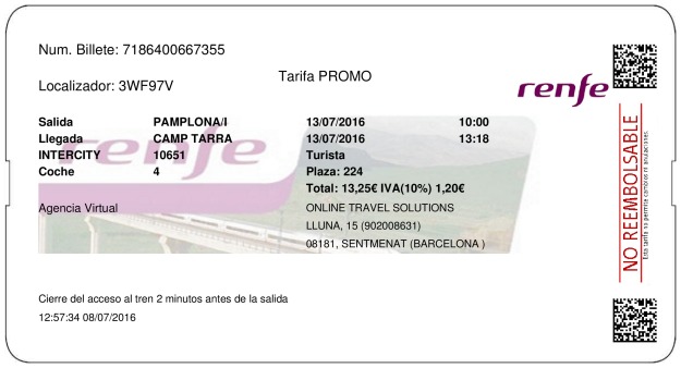 Billete Tren Pamplona  Tarragona 13/07/2016