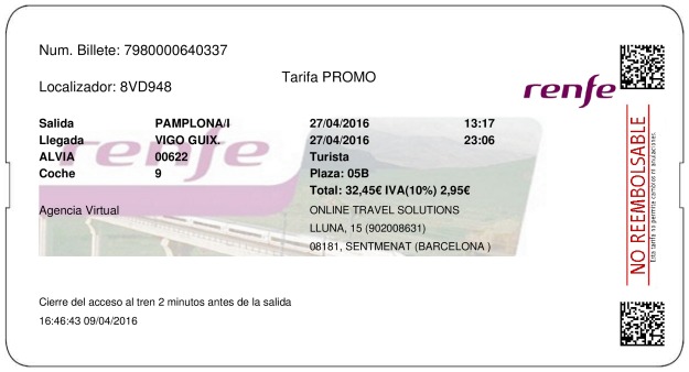 Billete Tren Pamplona  Vigo 27/04/2016