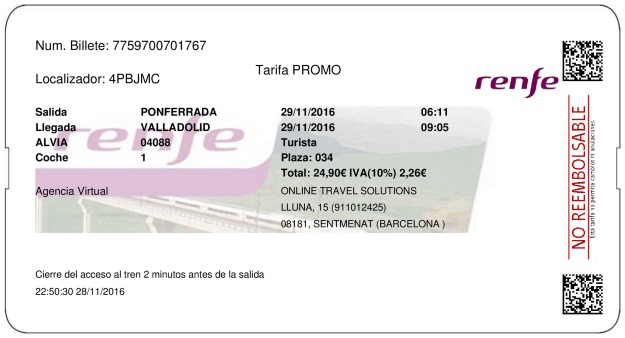 Billete Tren Ponferrada  Valladolid 29/11/2016