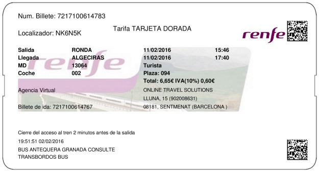 Billete Tren Ronda  Algeciras 11/02/2016