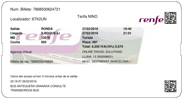 Billete Tren Ronda  San Roque 27/02/2016