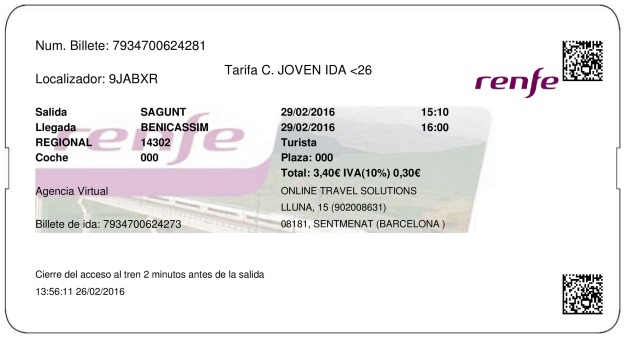 Billete Tren Sagunto  Benicasim 29/02/2016